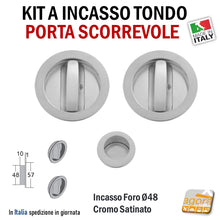 Carica l'immagine nel visualizzatore di Gallery, KIT MANIGLIA PER PORTA SCORREVOLE BOCCHETTA SCRIGNO FORO 48 D57 DOPPIA-LEVA BASSA CR SAT TONDA righel ribassato doppia maniglia a filo con ditale di trascinamento art 82 82SSCS