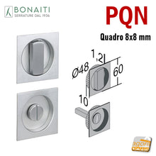 Carica l'immagine nel visualizzatore di Gallery, MANIGLIA INCASSO ROSETTA PER WC BAGNO BONAITI PER PORTA SCORREVOLE SCRIGNO QUADRATO 60x60mm FORO 48mm CROMO SATINATO MODELLO PQN.8 libero occupato moneta per porte