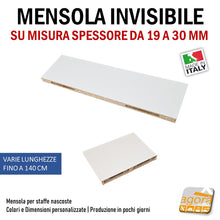 Carica l'immagine nel visualizzatore di Gallery, mensola bianca invisibile ripiano casa ufficio arredamento design muro staffa regolabile su misura 19 mm 30 mm 140 cm