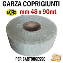 Carica l'immagine nel visualizzatore di Gallery, NASTRO A RETE IN FIBRA DI VETRO GARZA COPRIGIUNTI ADESIVA MM 48 METRI 90 akifix 48x90mt coprigiunta professionale x stuccare le lastre cartongesso