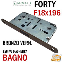 Load image into Gallery viewer, Serrature porte bagno wc toilet Bonaiti N67 Forty B-Forty magnetica frontale 196x18mm entrata 50mm 5cm interasse 95mm i 9,5cm scrocco centrale in plastica a filo reversibile doppio quadrotto 8x8 e 6x6mm in basso 48N67050+3 Bronzo verniciato Bronzata scura scrocco nero door lock