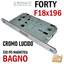 Load image into Gallery viewer, Serrature porte interne bagno wc toilet Bonaiti N67 Forty B-Forty magnetica frontale 196x18mm entrata 50mm 5cm interasse 95mm i 9,5cm scrocco centrale in plastica a filo reversibile doppio quadrotto 8x8 e 6x6mm in basso 48N67050CE Cromo lucido cromata lucida cromato disponibile pronta consegna