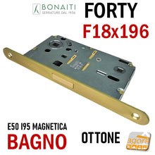 Load image into Gallery viewer, Serrature originali BONAITI SPA porta interna bagno wc toilet Bonaiti N67 Forty B-Forty magnetica frontale 196x18mm entrata 50mm 5cm interasse 95mm i 9,5cm scrocco centrale in plastica a filo reversibile doppio quadrotto 8x8 e 6x6mm in basso 48N67050(E Ottone Ottonata Gialla