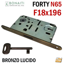Carica l'immagine nel visualizzatore di Gallery, SERRATURA PER PORTA magnetica BONAITI F18X196 Modello N65 CHIAVE PATENT BRONZO LUCIDO Entrata 50 Interasse 90 anticato bronzata FORTY frontale 196mm 19,6cm