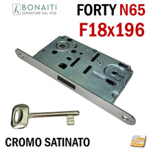 Carica l'immagine nel visualizzatore di Gallery, SERRATURA PER PORTA BONAITI F18X196 Modello N65 CHIAVE PATENT CROMO SATINATO Entrata 50 Interasse 90 CROMATA SATINATA FORTY frontale 196mm 19,6cm LINGUETTA NERA
