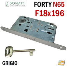 Carica l'immagine nel visualizzatore di Gallery, SERRATURA MAGNETICA PER PORTE BONAITI F18X196 Modello N65 CHIAVE PATENT GRIGIO VERNICIATO Entrata 50 Interasse 90 GRIGIA ARGENTO FORTY frontale 196mm 19,6cm LINGUETTA GRIGIA SCROCCO GRIGIO