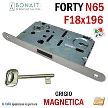 Carica l'immagine nel visualizzatore di Gallery, SERRATURA PER PORTA BONAITI F18X196 Modello N65 CHIAVE PATENT GRIGIO VERNICIATO Entrata 50 Interasse 90 GRIGIA ARGENTO FORTY frontale 196mm 19,6cm LINGUETTA NERA SCROCCO NERO