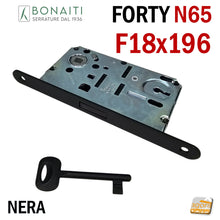 Carica l'immagine nel visualizzatore di Gallery, SERRATURA PORTA INTERNA MAGNETICA BONAITI FORTY N65 FRONTALE 18X196MM F 19,6CM ENTRATA 5CM INTERASSE 9CM PATENT CHIAVE NORMALE SCROCCO CENTRALE 48N65150 NERA NERO OPACO SERRATURE PORTE DOOR LOCK