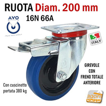 Carica l'immagine nel visualizzatore di Gallery, RUOTA GOMMA ELASTICA BLU DIAMETRO 200MM GIREVOLE CON PIASTRA CON FRENO SENZA FRENO 16N AVO INDUSTRIA RUOTE 66ANT 14310