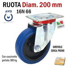Carica l'immagine nel visualizzatore di Gallery, RUOTA GOMMA ELASTICA BLU DIAMETRO 200MM GIREVOLE CON PIASTRA CON FRENO SENZA FRENO 16N AVO INDUSTRIA RUOTE 66 14301