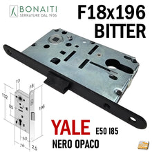 Load image into Gallery viewer, Serratura Porta Bonaiti B- Bitter T69 meccanica YALE eurocilindro scrocco centrale plastica Frontale 196x18mm F18x196 E50mm I85mm Nero Opaco Nera Matt Black 48T69050K3