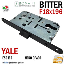 Load image into Gallery viewer, Serratura Porta Bonaiti B- Bitter T69 meccanica YALE eurocilindro scrocco centrale plastica Frontale 196x18mm F18x196 Entrata 50mm Interasse 85mm Nero Opaco Nera Matt Black 48T69050K3