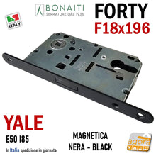 Carica l'immagine nel visualizzatore di Gallery, SERRATURA PORTA INTERNA MAGNETICA FORTY BONAITI N69 YALE FRONTALE 18X196MM E50 I85 NERA frontale 196x18 entrata 5cm per cilindri intercambiabili 48N69050KE MATT BLACK NERO