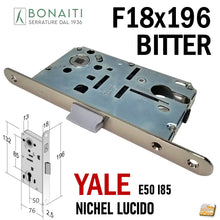 Carica l'immagine nel visualizzatore di Gallery, Serratura Porta Bonaiti B- Bitter T69 meccanica YALE eurocilindro scrocco centrale plastica Frontale 196x18mm F18x196 Entrata 5cm Interasse 85mm 48T69050)E NICHEL Lucido Nichelata Lucida