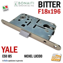 Carica l'immagine nel visualizzatore di Gallery, Serratura Porta Bonaiti B- Bitter T69 meccanica YALE eurocilindro scrocco centrale plastica Frontale 196x18mm F18x196 Entrata 50mm Interasse 85mm 48T69050)E NICHEL Lucido Nichelata Lucida