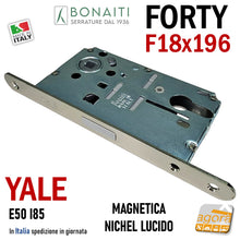 Carica l'immagine nel visualizzatore di Gallery, SERRATURA PORTA INTERNA MAGNETICA FORTY BONAITI N69 YALE FRONTALE 18X196MM E50 I85 Nichel Lucido frontale 196x18 entrata 5cm per cilindri intercambiabili 48N69050)E NICHELATA LUCIDA