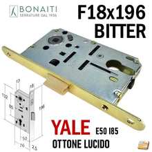Load image into Gallery viewer, Serratura Porta Bonaiti B- Bitter T69 meccanica YALE eurocilindro scrocco centrale plastica Frontale 196x18mm F18x196 Entrata 5cm Interasse 85mm Ottone Lucido Ottonata Lucida 48T6905013