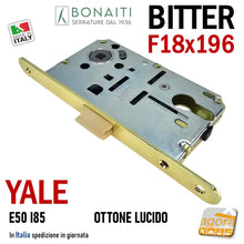 Load image into Gallery viewer, Serratura Porta Bonaiti B- Bitter T69 meccanica YALE eurocilindro scrocco centrale plastica Frontale 196x18mm F18x196 Entrata 50mm Interasse 85mm Ottone Lucido Ottonata Lucida 48T6905013