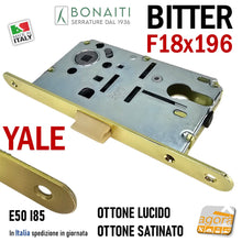 Load image into Gallery viewer, Serratura Porta Bonaiti B- Bitter T69 meccanica YALE eurocilindro scrocco centrale plastica Frontale 196x18mm F18x196 Entrata 50mm Interasse 85mm 48T6905013 48T690508E Ottonata Ottone Lucido Ottone Satinato Gialla