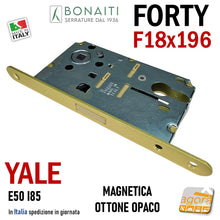 Carica l'immagine nel visualizzatore di Gallery, SERRATURA PORTA INTERNA MAGNETICA FORTY BONAITI N69 YALE FRONTALE 18X196MM E50 I85 OTTONATA OPACA 48N69050(E frontale 196x18 entrata 5cm per cilindri intercambiabili 48N69050(3