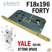 Carica l'immagine nel visualizzatore di Gallery, SERRATURA PORTA INTERNA MAGNETICA FORTY BONAITI N69 YALE FRONTALE 18X196MM E50 I85 OTTONE OPACO 48N69050(E frontale 196x18 entrata 5cm per cilindri intercambiabili 48N69050(3