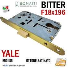 Load image into Gallery viewer, Serratura Porta Bonaiti B- Bitter T69 meccanica YALE eurocilindro scrocco centrale plastica Frontale 196x18mm F18x196 Entrata 50mm Interasse 85mm Ottone Satinato Ottonata Satinata 48T6905083