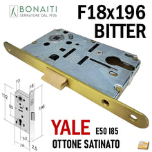 Load image into Gallery viewer, Serratura Porta Bonaiti B- Bitter T69 meccanica YALE eurocilindro scrocco centrale plastica Frontale 196x18mm F18x196 Entrata 50mm Interasse 85mm Ottone 48T690508E satinata