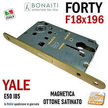Carica l'immagine nel visualizzatore di Gallery, SERRATURA PORTA INTERNA MAGNETICA FORTY BONAITI N69 YALE FRONTALE 18X196MM E50 I85 OTTONE SATINATO 48N69050V3 frontale 196x18 entrata 5cm per cilindri intercambiabili 48N69050VE