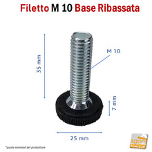 Carica l'immagine nel visualizzatore di Gallery, PIEDI PIEDE PIEDINO FILETTATO M10x35mm BASSO D25x7 ZIGRINATO BASE NERA PERNO ZINCATO ribassato con intaglio a croce