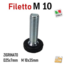 Carica l'immagine nel visualizzatore di Gallery, PIEDI PIEDE PIEDINO FILETTATO M10x35mm BASSO D25x7 ZIGRINATO BASE NERA PERNO ZINCATO piedini regolabili filettati metrici
