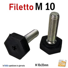 Carica l'immagine nel visualizzatore di Gallery, PIEDI PIEDE PIEDINO FILETTATO M10x35mm GOMMA NERA D25x10 DADO CHIAVE 25 base esagonale per chiave inglese con intaglio a croce sul fondo alta qualità robusto professionale per telai e strutture perno zincato