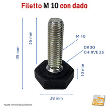 Carica l'immagine nel visualizzatore di Gallery, PIEDI PIEDE PIEDINO FILETTATO M10x35mm GOMMA NERA D25x10 DADO CHIAVE 25 base esagonale per chiave inglese con intaglio a croce sul fondo alta qualità robusto professionale per telai e strutture Filetto Metrico da 10