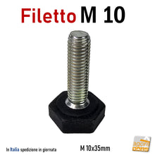 Carica l'immagine nel visualizzatore di Gallery, PIEDI PIEDE PIEDINO FILETTATO M10x35mm GOMMA NERA D25x10 DADO CHIAVE 25 base esagonale per chiave inglese con intaglio a croce sul fondo alta qualità robusto professionale per telai e strutture
