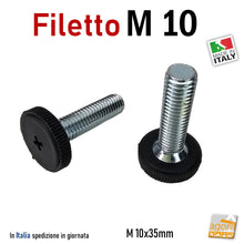 Carica l'immagine nel visualizzatore di Gallery, PIEDI PIEDE PIEDINO FILETTATO M10x35mm BASSO D25x7 ZIGRINATO BASE NERA PERNO ZINCATO per telai carpenteria strutture