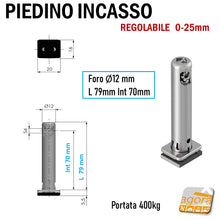 Load image into Gallery viewer, 3030305000 record tech piedino incasso su spalla regolabile ferramenta livenza foro 12mm acciaio interasse 70mm