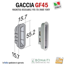 Carica l'immagine nel visualizzatore di Gallery, CONTROPIASTRA SERRATURA BONAITI GF45 INCONTRO GACCIA MAGNETICO GF45 PER SERRATURE BONAITI MAGNETICHE A SCROCCO CENTRALE CX SMART - ITA - FORTY REGOLABILE FORI INCLINATI 45 GRADI frontale 59x20mm foro 55 x 16mm