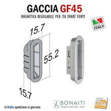 Carica l'immagine nel visualizzatore di Gallery, CONTROPIASTRA SERRATURA BONAITI GF45 INCONTRO GACCIA MAGNETICO GF45 PER SERRATURE BONAITI MAGNETICHE A SCROCCO CENTRALE CX SMART - ITA - FORTY REGOLABILE FORI INCLINATI 45 GRADI frontale 59x20mm foro 55 x 16mm