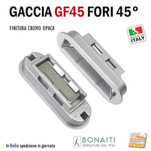 Carica l'immagine nel visualizzatore di Gallery, CONTROPIASTRA SERRATURA BONAITI GF45 INCONTRO GACCIA MAGNETICO GF45 PER SERRATURE BONAITI MAGNETICHE A SCROCCO CENTRALE CX SMART - ITA - FORTY REGOLABILE FORI INCLINATI 45 GRADI frontale 59x20mm foro 55 x 16mm 4GF4500095