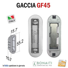 Carica l'immagine nel visualizzatore di Gallery, CONTROPIASTRA SERRATURA BONAITI GF45 INCONTRO GACCIA MAGNETICO GF45 PER SERRATURE BONAITI MAGNETICHE A SCROCCO CENTRALE CX SMART - ITA - FORTY REGOLABILE FORI INCLINATI 45 GRADI frontale 59x20mm foro 55 x 16mm 4GF4500095