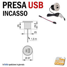 Load image into Gallery viewer, Connettore presa USB A USB C Bipresa Usb Doppia da incasso foro tondo D 25 mm argento ricarica da piano scrivania mobile mobili type C plugy