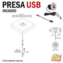 Load image into Gallery viewer, Connettore presa USB A USB C Bipresa Usb Doppia da incasso foro tondo D 25 mm argento ricarica da piano scrivania mobile mobili prese da incassare design