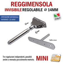 Carica l'immagine nel visualizzatore di Gallery, REGGIMENSOLA A SCOMPARSA REGOLABILE PER MENSOLE SP MIN 25MM MINI STAFFA SUPPORTO PER RIPIANI INVISIBILI TRIADE MINI