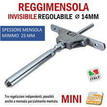 Carica l'immagine nel visualizzatore di Gallery, REGGIMENSOLA A SCOMPARSA REGOLABILE PER MENSOLE SP MIN 25MM MINI STAFFA SUPPORTO PER RIPIANI INVISIBILI TRIADE MINI