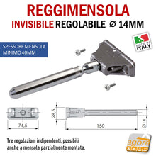 Carica l'immagine nel visualizzatore di Gallery, Reggimensola metallico regolabile per mensola a scomparsa invisibile per muro parete casa ufficio ripiani legno muratura mensola 40 mm 14 mm diametro