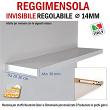 Carica l'immagine nel visualizzatore di Gallery, REGGIMENSOLA A SCOMPARSA REGOLABILE PER MENSOLE SP.MIN 30 MM REGGIRIPIANO INVISIBILE STAFFA SUPPORTO PER RIPIANI DIAMETRO 14 MM 1pz