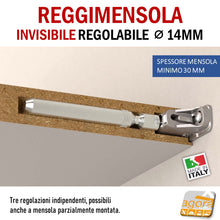 Carica l'immagine nel visualizzatore di Gallery, Reggimensola metallico regolabile per mensola a scomparsa invisibile per muro parete casa ufficio ripiani legno muratura spessore mensola 30 mm