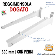 Carica l'immagine nel visualizzatore di Gallery, REGGIPIANO ATTACCO DOGATO REGGIMENSOLA MENSOLA NEGOZIO A DOGA 300MM COPPIA REGGIRIPIANI MENSOLE LEGNO ARREDO NEGOZI CON PERNI PER RIPIANO FORATO D8MM BIANCO L 30 CM 32CM ARREDO PARETE DOGATA PER MENSOLA IN PANNELLO