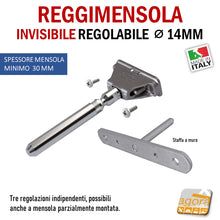 Carica l'immagine nel visualizzatore di Gallery, Reggimensola metallico regolabile per mensola a scomparsa invisibile per muro parete casa ufficio ripiani legno muratura 14mm diametro