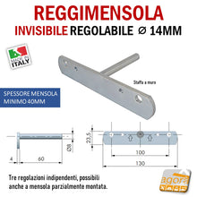 Carica l'immagine nel visualizzatore di Gallery, Reggimensola metallico regolabile per mensola a scomparsa invisibile per muro parete casa ufficio ripiani legno muratura mensola 40 mm