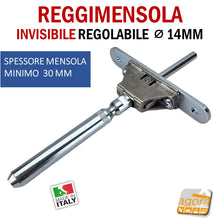 Carica l'immagine nel visualizzatore di Gallery, REGGIMENSOLA A SCOMPARSA REGOLABILE PER MENSOLE SP.MIN 30 MM REGGIRIPIANO INVISIBILE STAFFA SUPPORTO PER RIPIANI DIAMETRO 14 MM 1pz